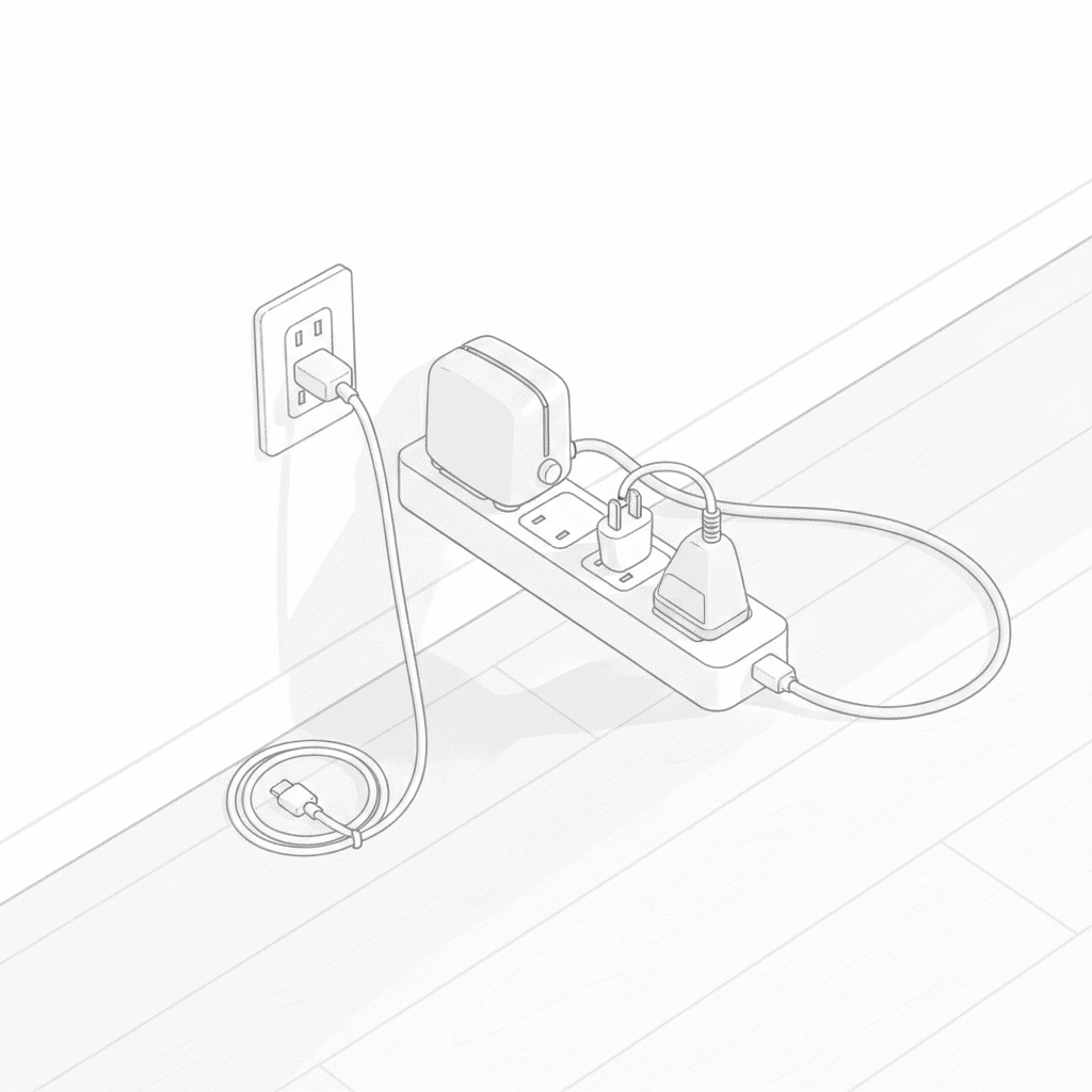 壁のコンセントに挿した電源タップに、スマホ充電ケーブルと家電のプラグが並んでいる様子を斜め上から描いたイラスト