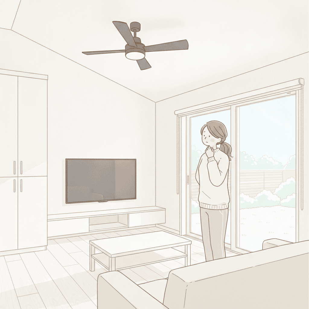 冬の乾いた空気の室内で、人物が少し喉を気にしている様子のイラスト（頭から胴体まで描く）