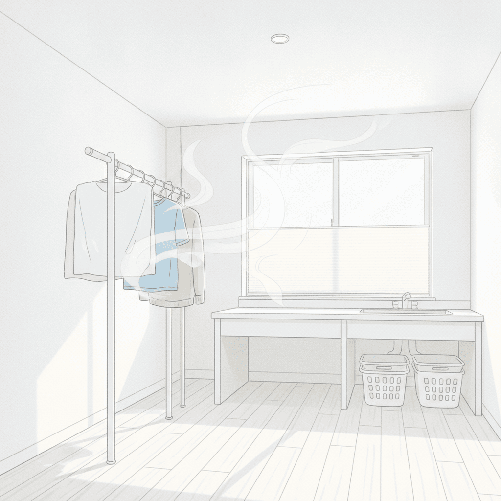 濡れた洗濯物から水蒸気がふわっと立ちのぼって、部屋の空気に溶けていくイメージのイラスト。人物は入れない