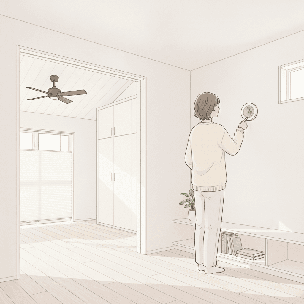 壁にかかった温湿度計を、人物が斜め後ろから確認している様子のイラスト。画面の数字は描かない。人物は頭から胴体まで描く