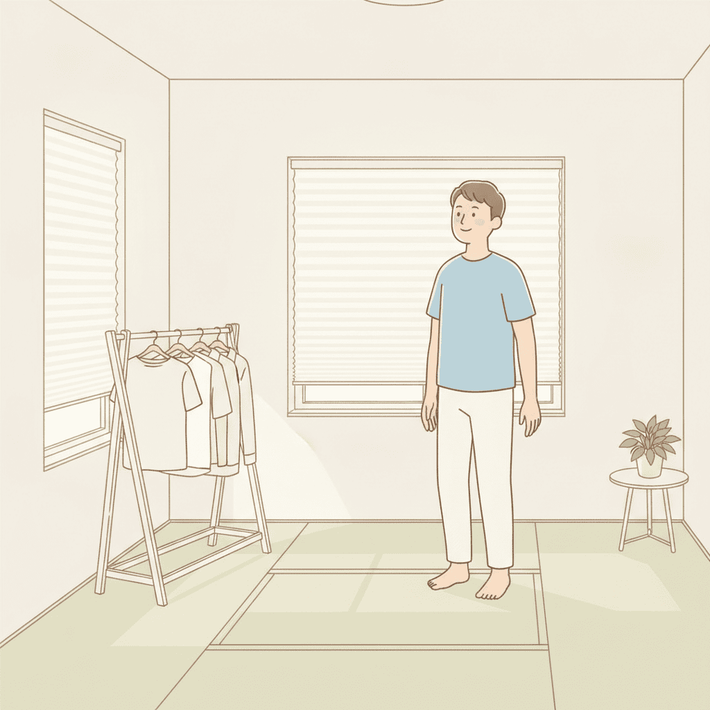 洗濯物を干し終えた父親が、満足げに和室を見渡している様子のイラスト。頭から胴体まで描く