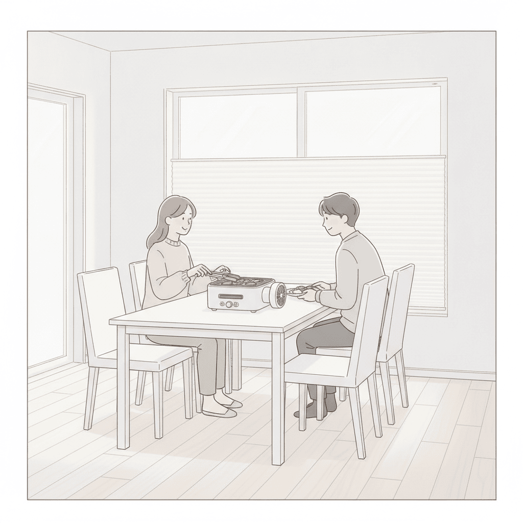 本体の横に小さなファンが付いた角型のグリルが、ダイニングテーブルの上に置かれているイラスト。白系の明るい部屋