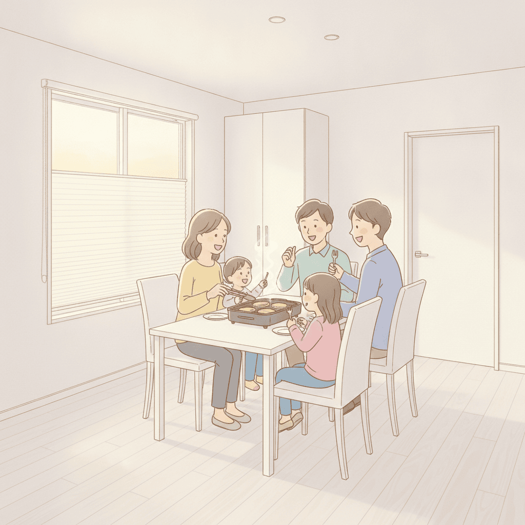 夕方のダイニングで、家族みんながホットプレートを囲んで笑っているあたたかい雰囲気のイラスト。白系の内装