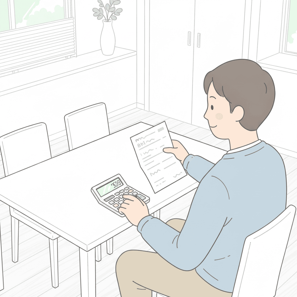 父親の斜め後ろ、肩越しから見た構図。ダイニングテーブルに座った父親が、手に持った電気料金の請求書を読みながら、テーブルの電卓を叩いている。読者は父親と同じ向きから請求書と電卓を見る(請求書の文字は読めない程度に小さく、文字は入れない)。父親の頭・肩・腕が見える