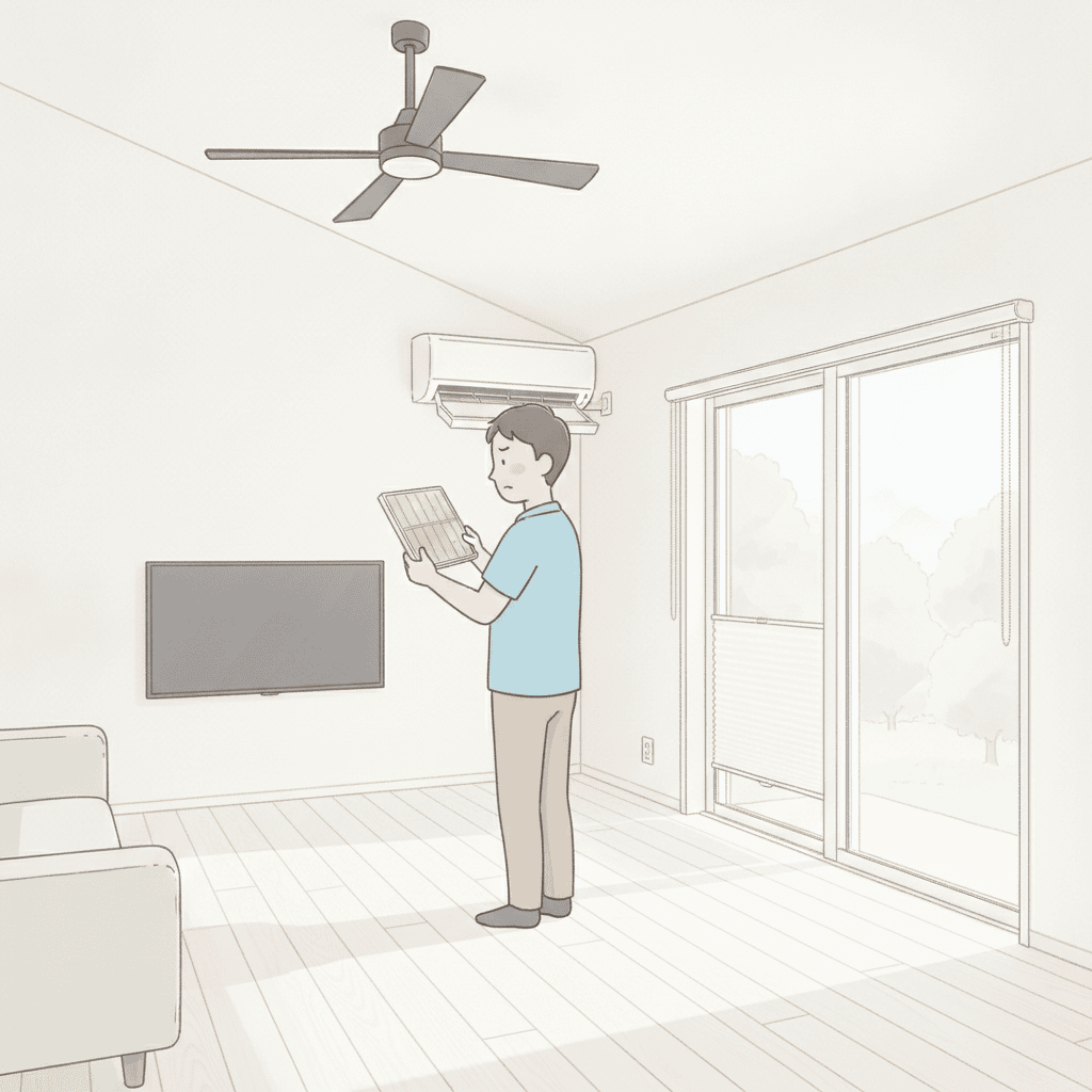 リビングで、壁掛けエアコンの前に立ち、取り外したフィルターを両手で持って汚れを確かめている父親。父親の全身が見える