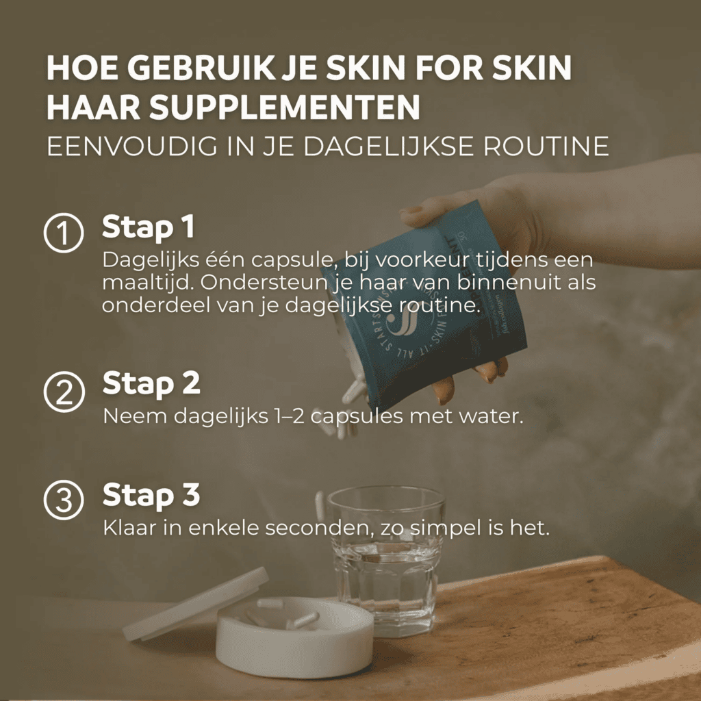 Handleiding voor het gebruik van Skin for Skin Hair Supplement capsules met dagelijkse inname tijdens een maaltijd voor ondersteuning van gezond haar.