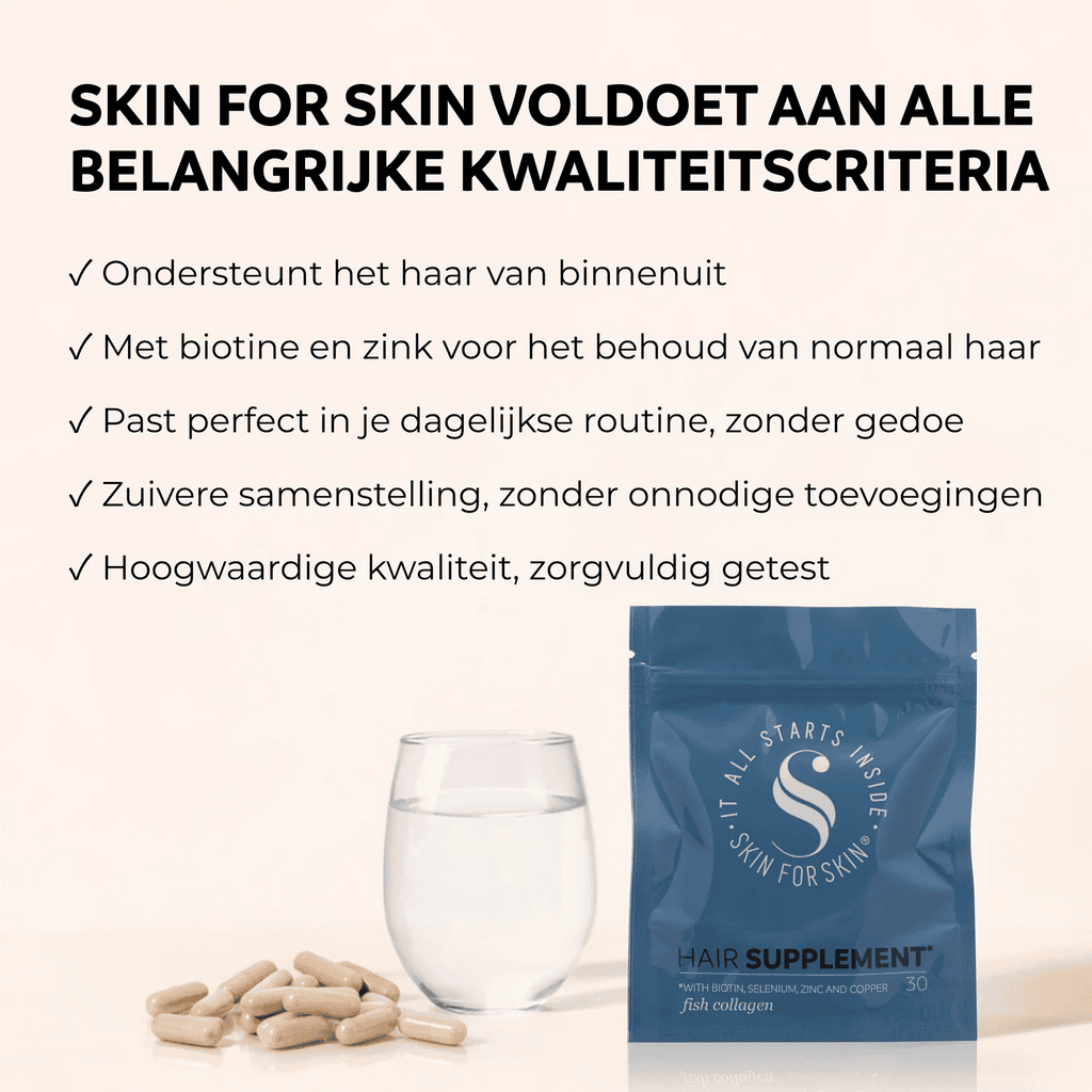 Skin for Skin Hair Supplement met biotine en zink ondersteunt normaal haar en voldoet aan belangrijke kwaliteitscriteria voor haarverzorging van binnenuit.