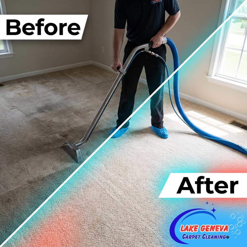A visually appealing and informative scene showcasing affordable carpet cleaning rates. In the foreground, a professional carpet cleaning technician in smart business attire kneels beside a clean, fluffy carpet with visible pet stains and a compact cleaning machine. The middle ground features a clear display of carpet cleaning price lists and services offered by "Lake Geneva Carpet Cleaning," emphasizing value and affordability. The background showcases a sunlit living room with light-colored walls and tasteful decor, creating a warm and inviting atmosphere. Soft, natural lighting filters through a window, casting gentle shadows and enhancing the cleanliness of the scene. The overall mood should feel reassuring and professional, highlighting the effectiveness of handling pet stains and odors in homes. A visually appealing and informative scene showcasing affordable carpet cleaning rates. In the foreground, a professional carpet cleaning technician in smart business attire kneels beside a clean, fluffy carpet with visible pet stains and a compact cleaning machine. The middle ground features a clear display of carpet cleaning price lists and services offered by "Lake Geneva Carpet Cleaning," emphasizing value and affordability. The background showcases a sunlit living room with light-colored walls and tasteful decor, creating a warm and inviting atmosphere. Soft, natural lighting filters through a window, casting gentle shadows and enhancing the cleanliness of the scene. The overall mood should feel reassuring and professional, highlighting the effectiveness of handling pet stains and odors in homes.