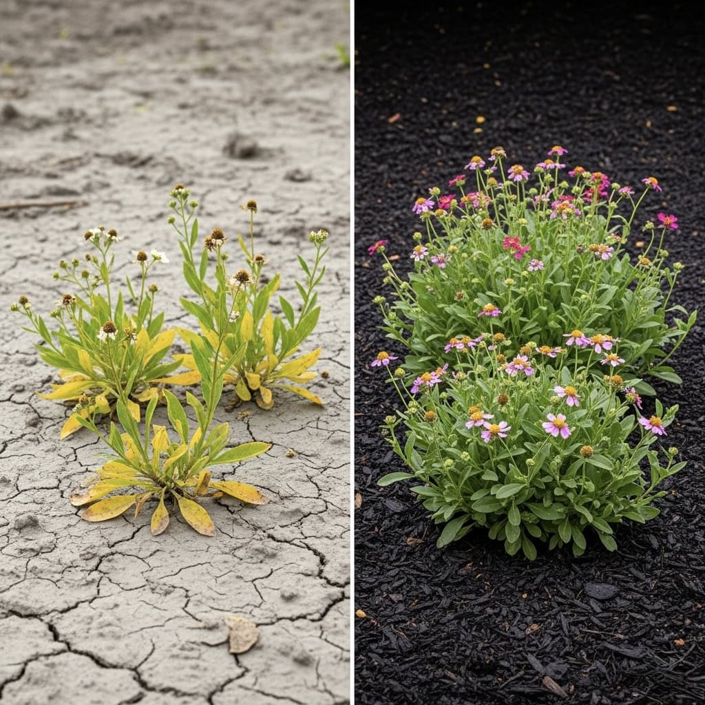Side-by-side comparison of flowers in poor dry soil versus healthy flowers in mulch.