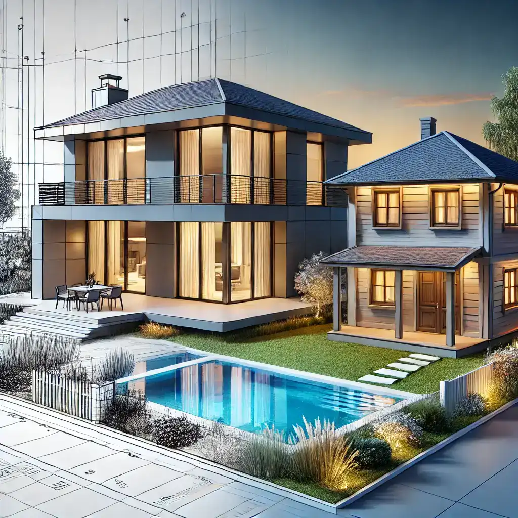 An image showcasing a villa with luxurious design features alongside a traditional house, highlighting the key architectural differences between the two property types.
