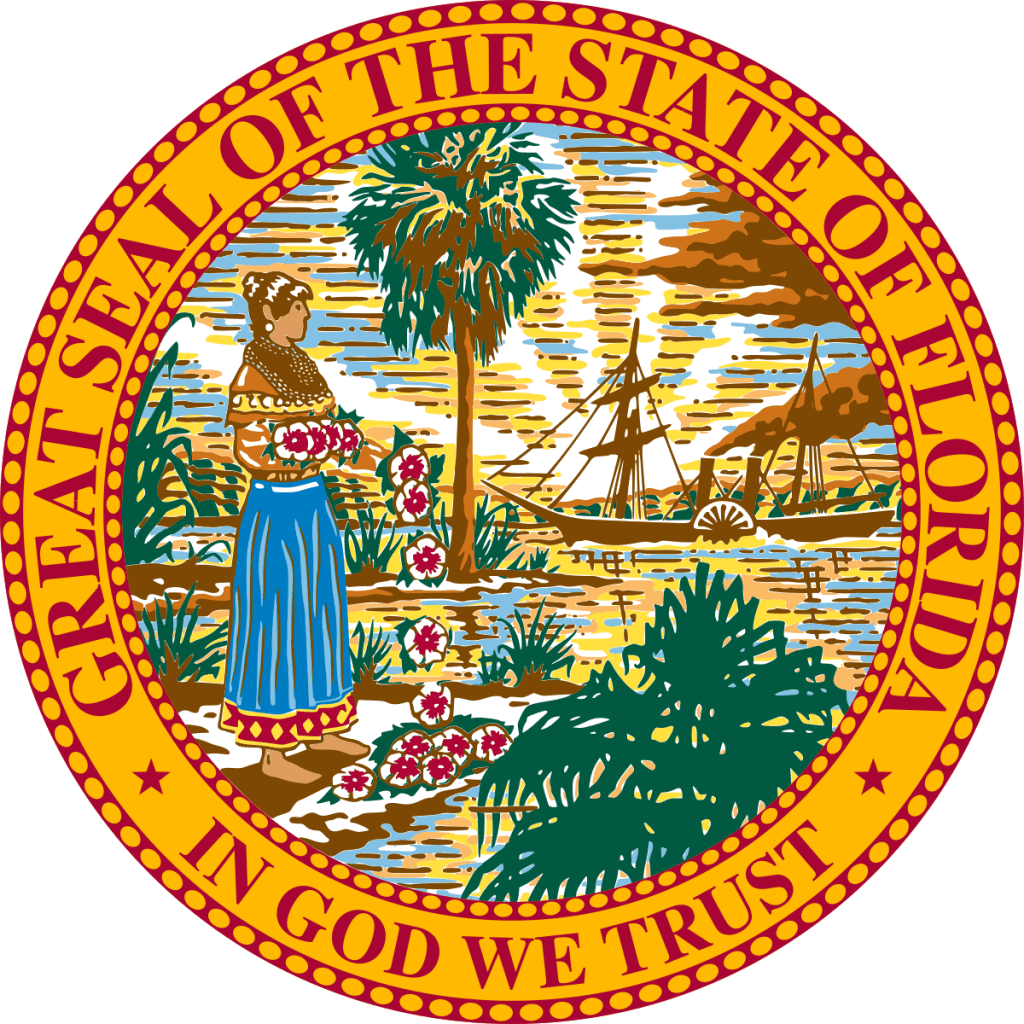 Florida state seal with In God We Trust on the bottom of the seal