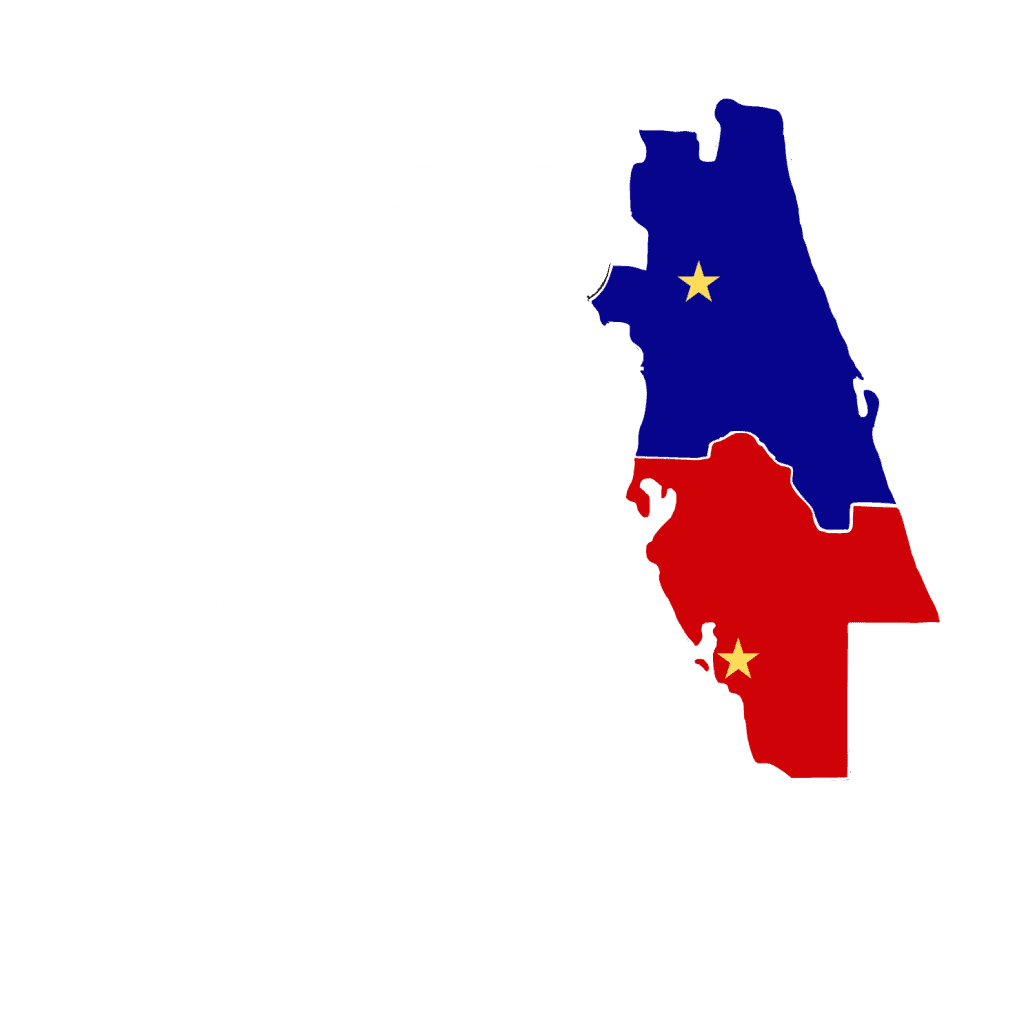 Map of Florida highlighting Central Florida in blue and Southwest Florida in red, each with a yellow star. Ledgewood Roofing's phone numbers and labels mark each region. The rest of the state is shown in light gray.