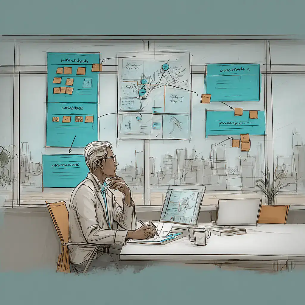 A professional reviewing reports and notes while analysing options during a decision-making course.