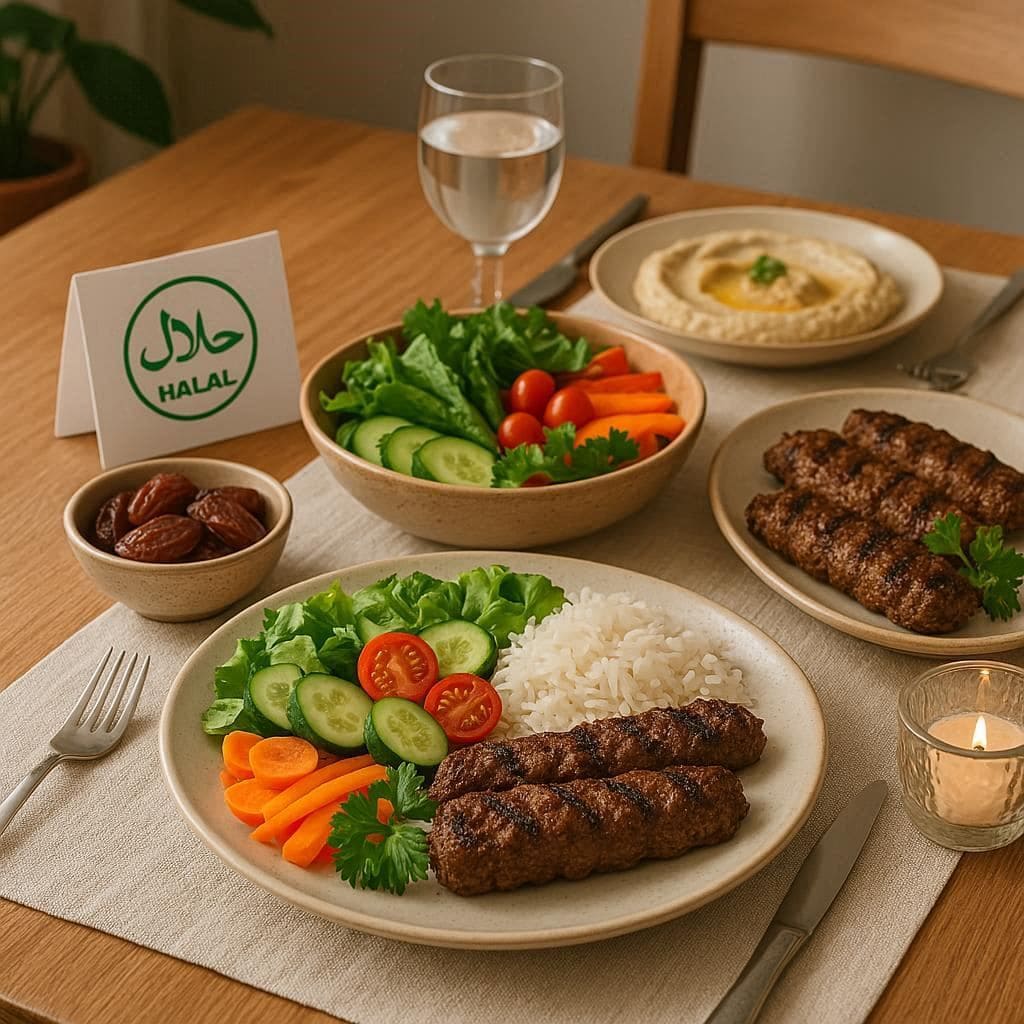 Delicious plate of halal food with grilled meat, rice, fresh vegetables, and dates
