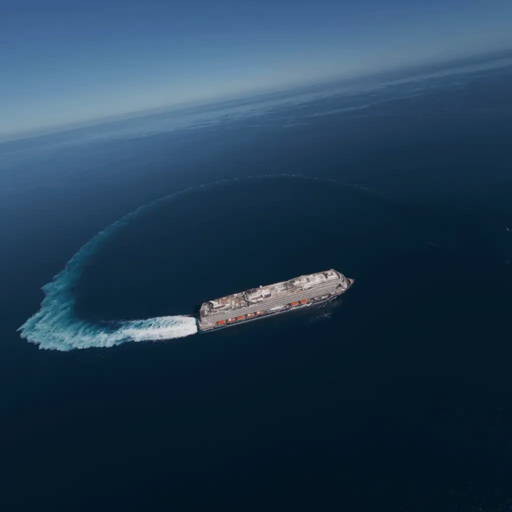 ein kreuzfahrtschiff, die mein schiff flow, fährt in einem offenen ozean und hinterlässt eine spiralförmige spur im wasser.