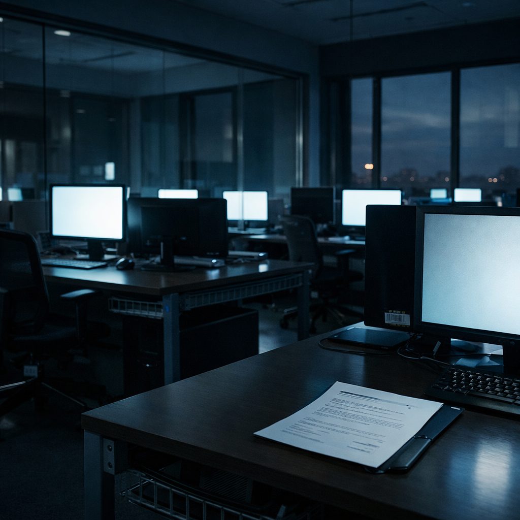 Escritório corporativo vazio à noite, telas acesas e documento em primeiro plano, transmitindo uso invisível de IA e controle tardio