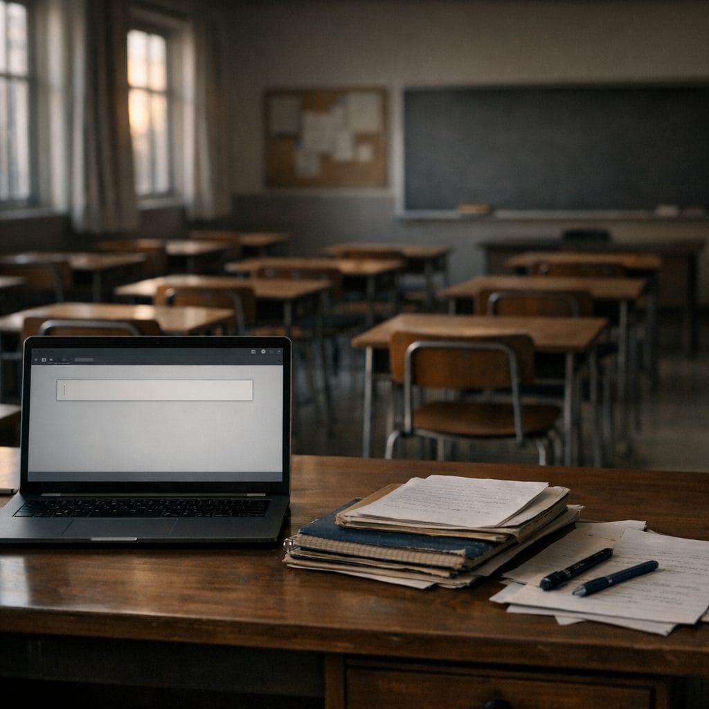 Sala de aula com notebook aberto e cadernos, ilustrando o uso de IA na escola e seus riscos sem regras claras