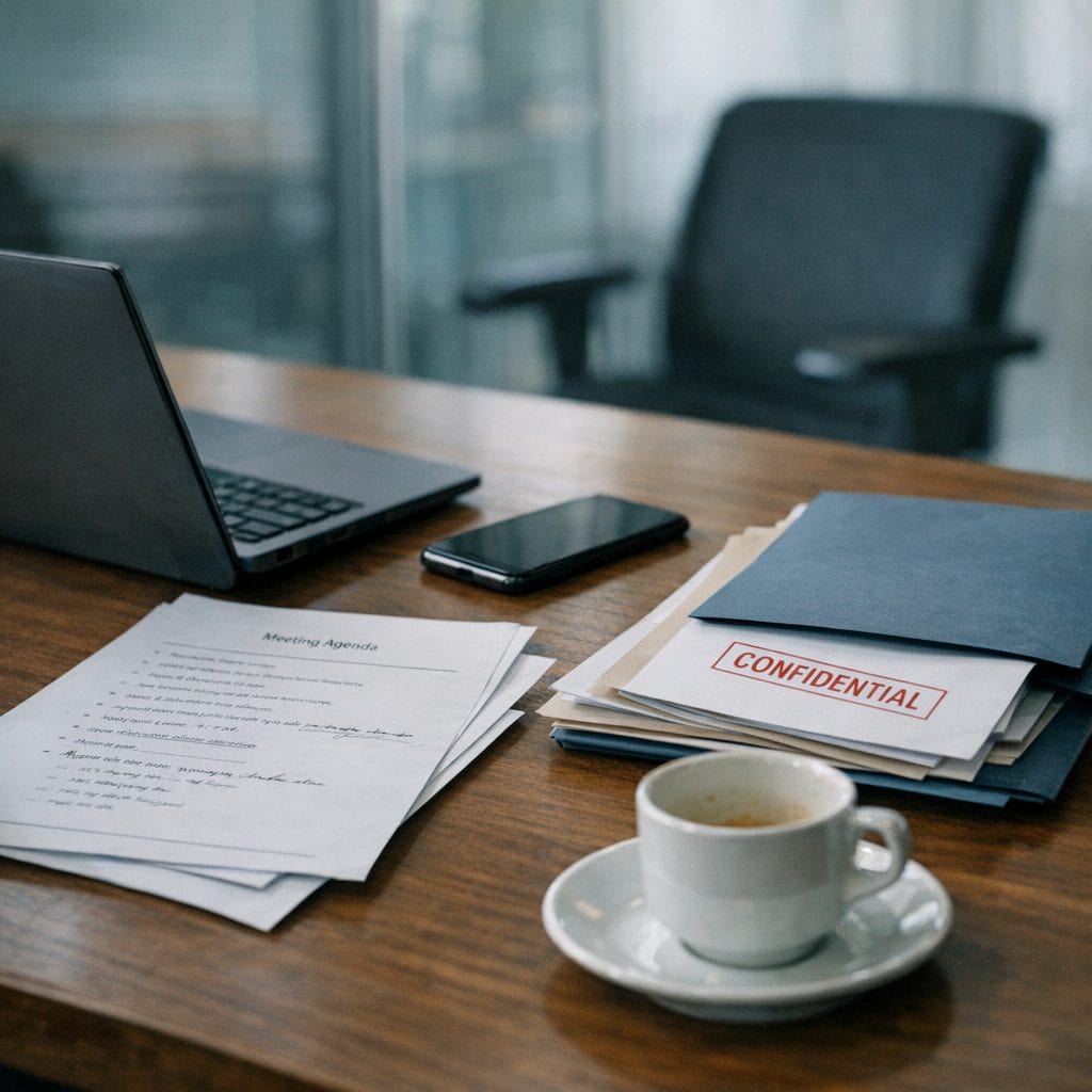 Rotina corporativa com documentos confidenciais e notebook em contexto de Shadow IA