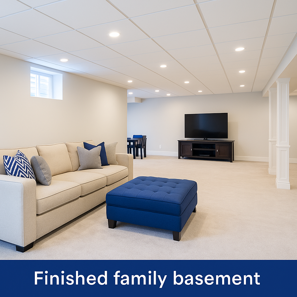 Bright finished family basement interior with light beige sofa, navy blue ottoman, recessed lighting, and neutral walls — modern renovation by MyAurora in GTA Ontario.