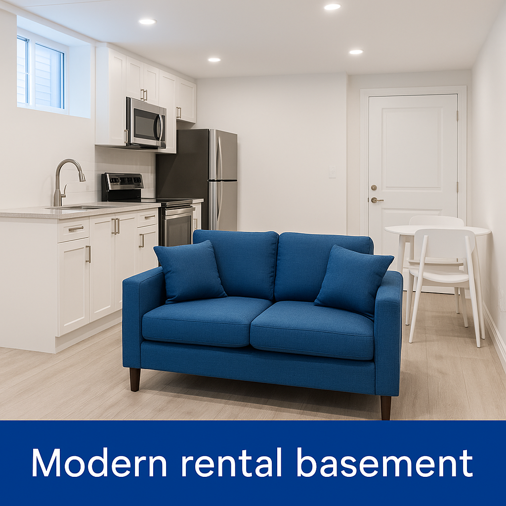 Bright modern rental basement suite with white kitchen cabinets, blue sofa, stainless steel appliances, and light wood flooring — legal basement conversion by MyAurora in GTA Ontario.