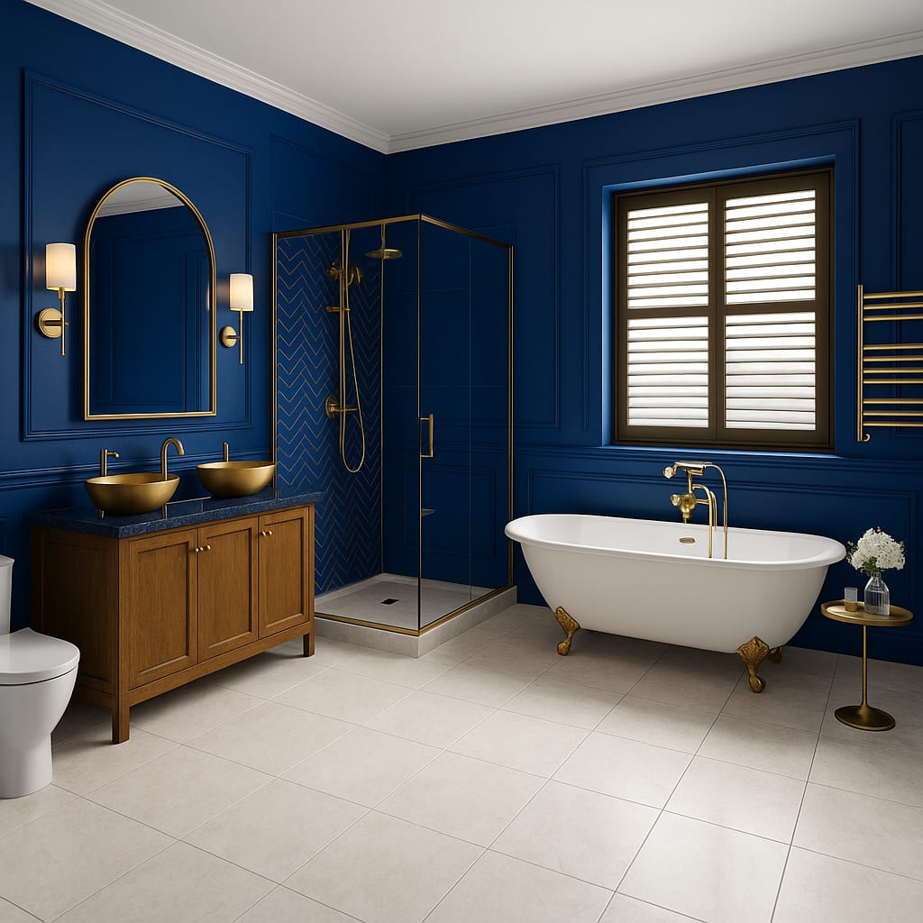 Luxury Blue Master Bathroom 3D Design Luxury master bathroom blue walls, gold fixtures, freestanding tub, and glass shower
