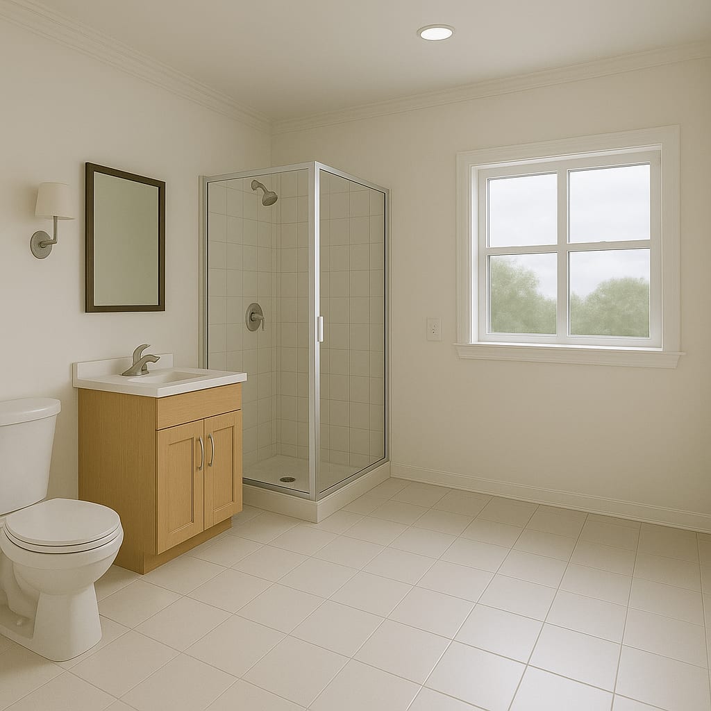 Bathroom 3D Rendering with Shower, Vanity and Window Basic bathroom with shower enclosure, vanity, toilet, window and ceiling pot light in 3D rendering
