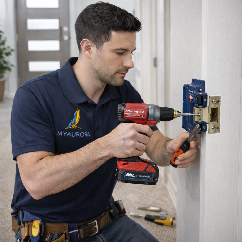 MyAurora handyman adjusting a door latch and strike plate with a drill for a smooth closing door in the GTA, Ontario
