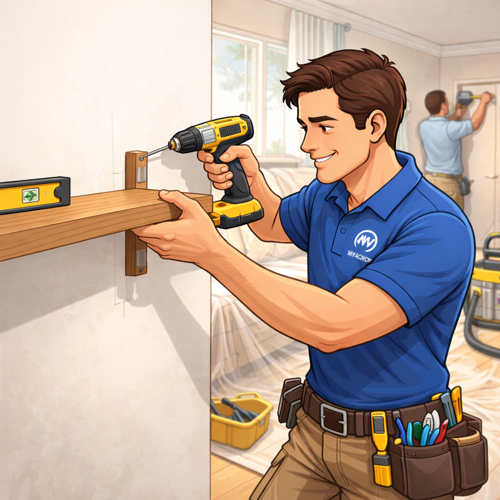Handyman in MyAurora uniform installing a wall-mounted shelf with a level in a GTA home in Ontario