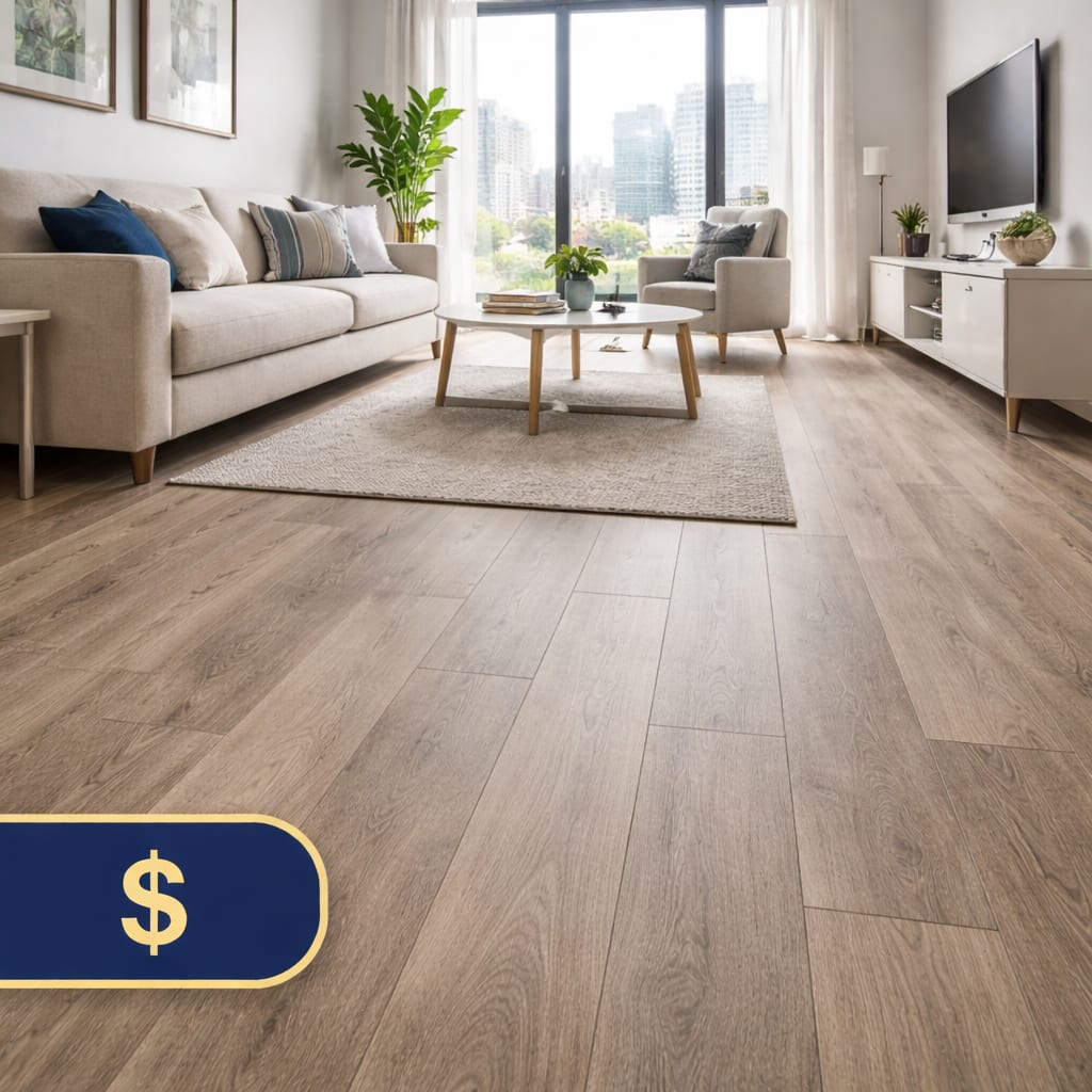 Laminate flooring installed in a modern condo living room in the GTA (Oakville, Mississauga, Etobicoke)