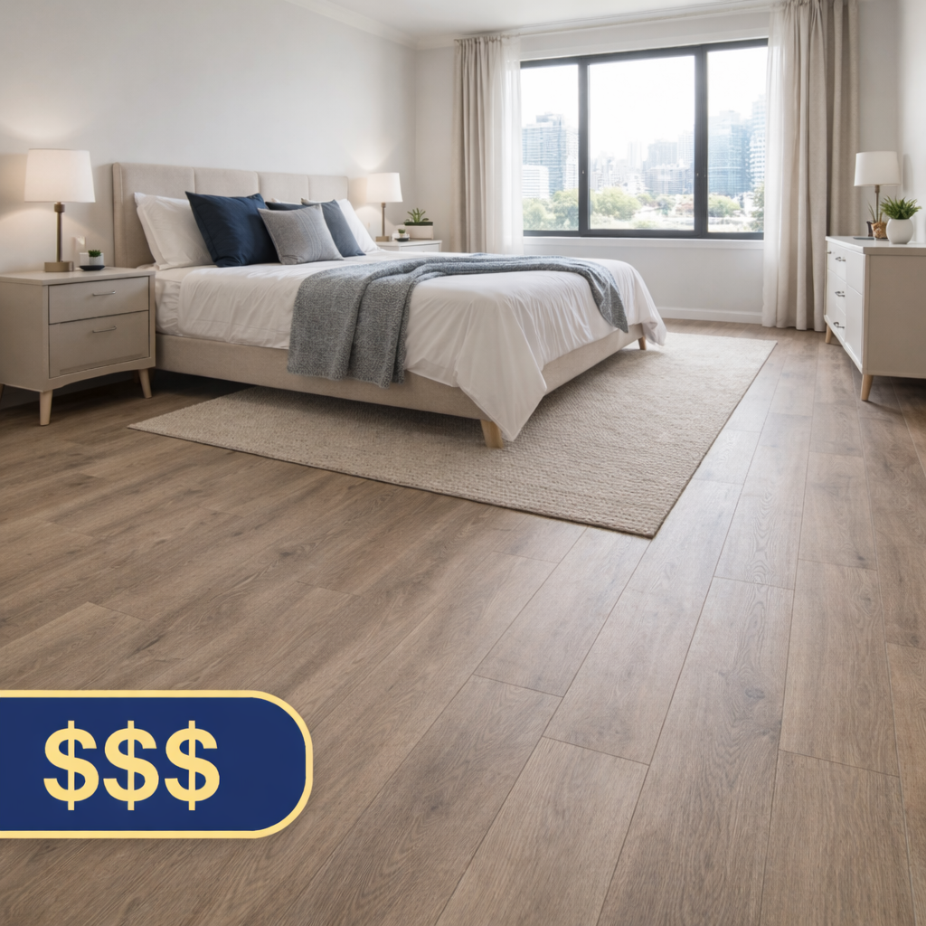 Hybrid resilient flooring (SPC/WPC) in a modern bedroom, wood look plank floor, GTA flooring installation