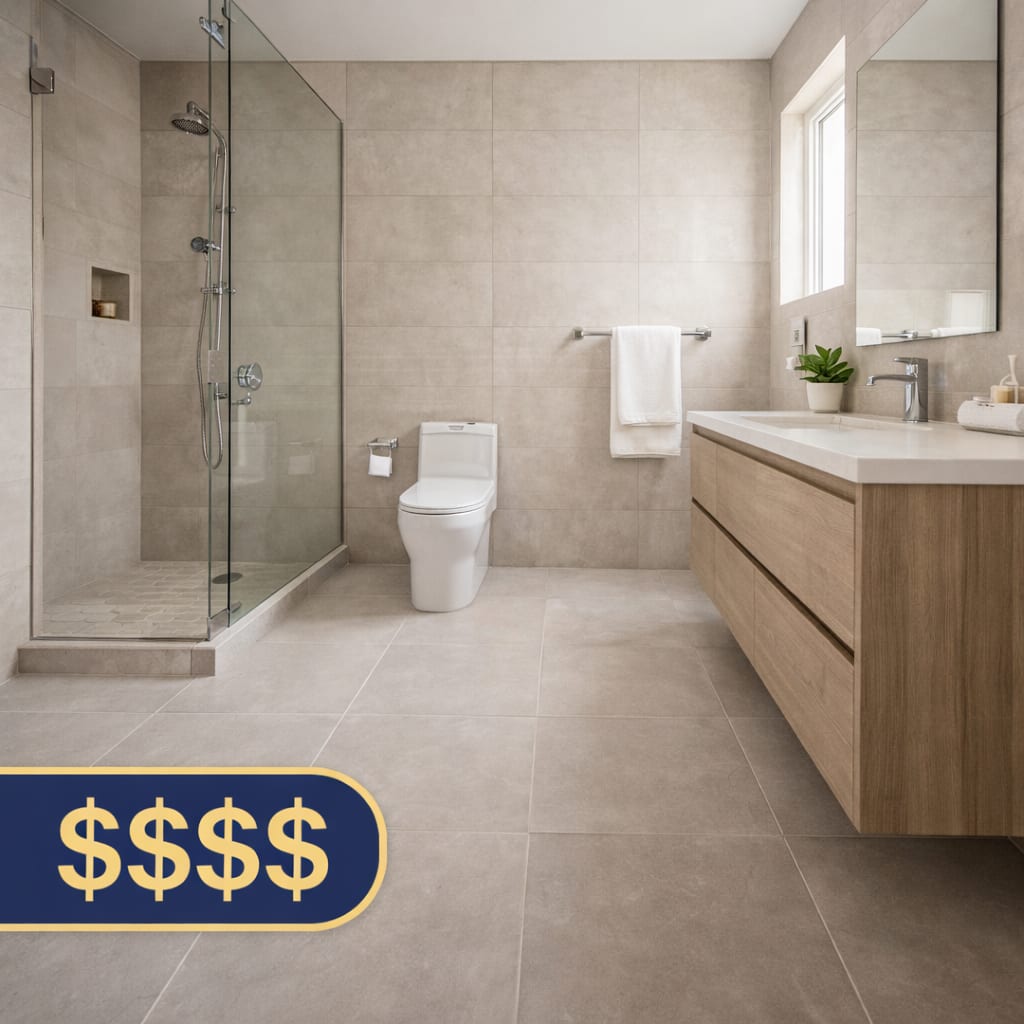Ceramic porcelain tile flooring in a modern bathroom, tile floor installation GTA, Oakville Mississauga Etobicoke