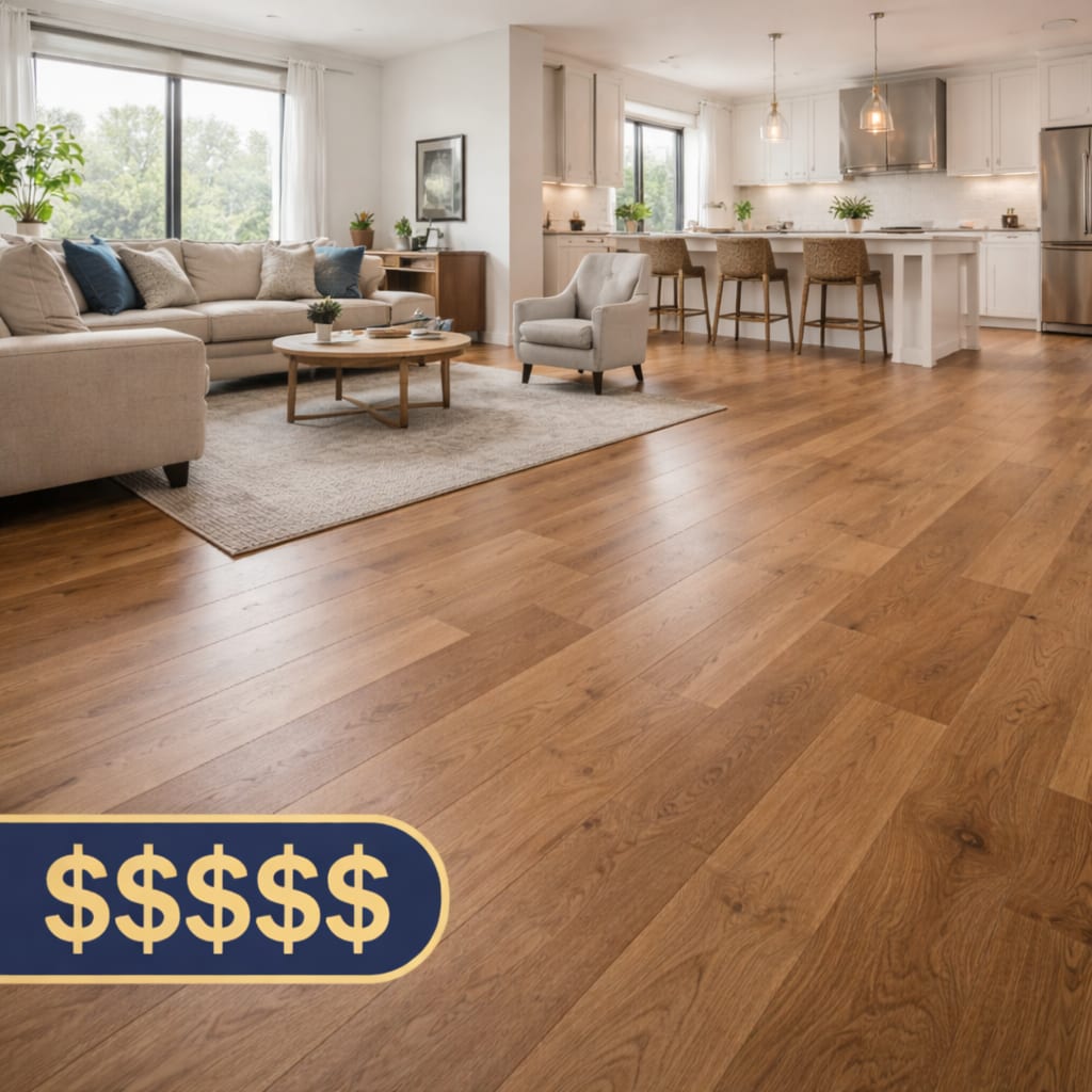 Engineered hardwood flooring in an open concept main floor living room and kitchen, hardwood installation GTA, Oakville Mississauga