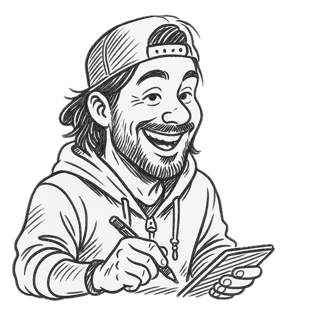 a cartoon of a man holding a pen and a phone