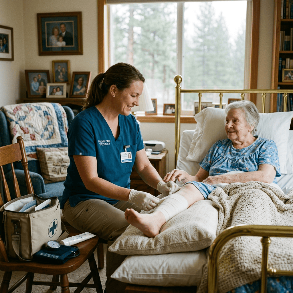 Wound care nurse bandaging elderly woman’s leg in bedroom