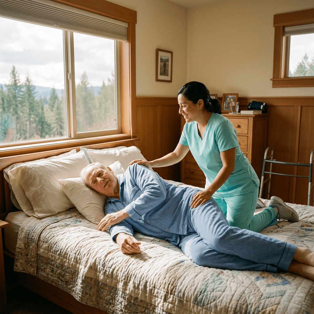 Home care nurse assisting elderly man lying on bed in bedroom with wooden paneling
