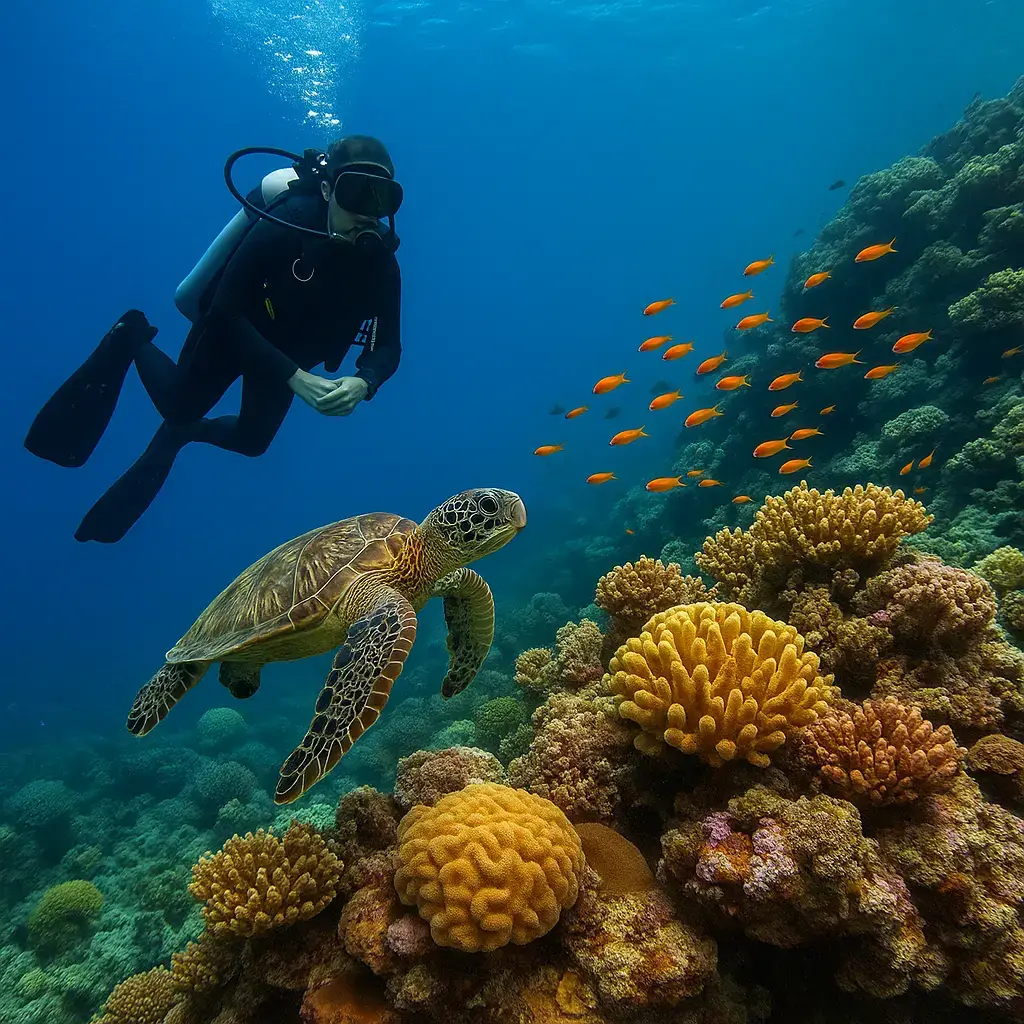 A picture of a Scuba Diver Using Eco-Friendly Gear Over a Coral Garden.