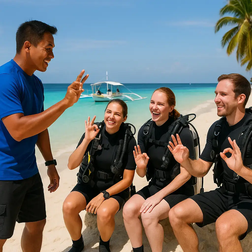 PADI dive instructor giving briefing at Alona Beach Panglao – beginner scuba diving Bohol A classic dive instructor in action at Alona Beach—gear, grins, briefing hand signals, turquoise water, palm trees, and the classic bangka in the background. The start of every great dive in Bohol.