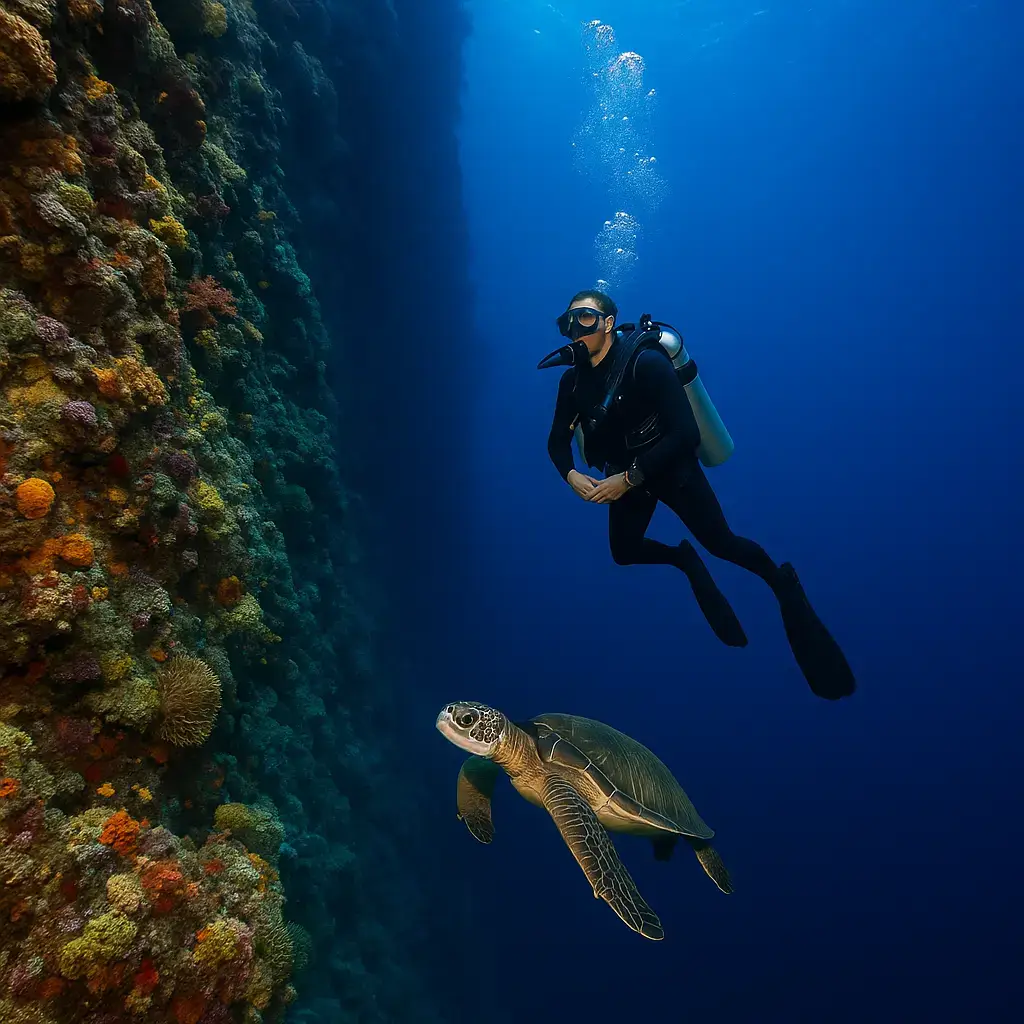 A scuba diver exploring the dramatic Dapdap Wall in Anda, Bohol – the best wall diving site in Philippines. An epic Dapdap Wall dive scene—diver, dramatic wall, corals, and a cruising sea turtle. In Anda, Bohol: where the ocean goes vertical and adventure goes deep.