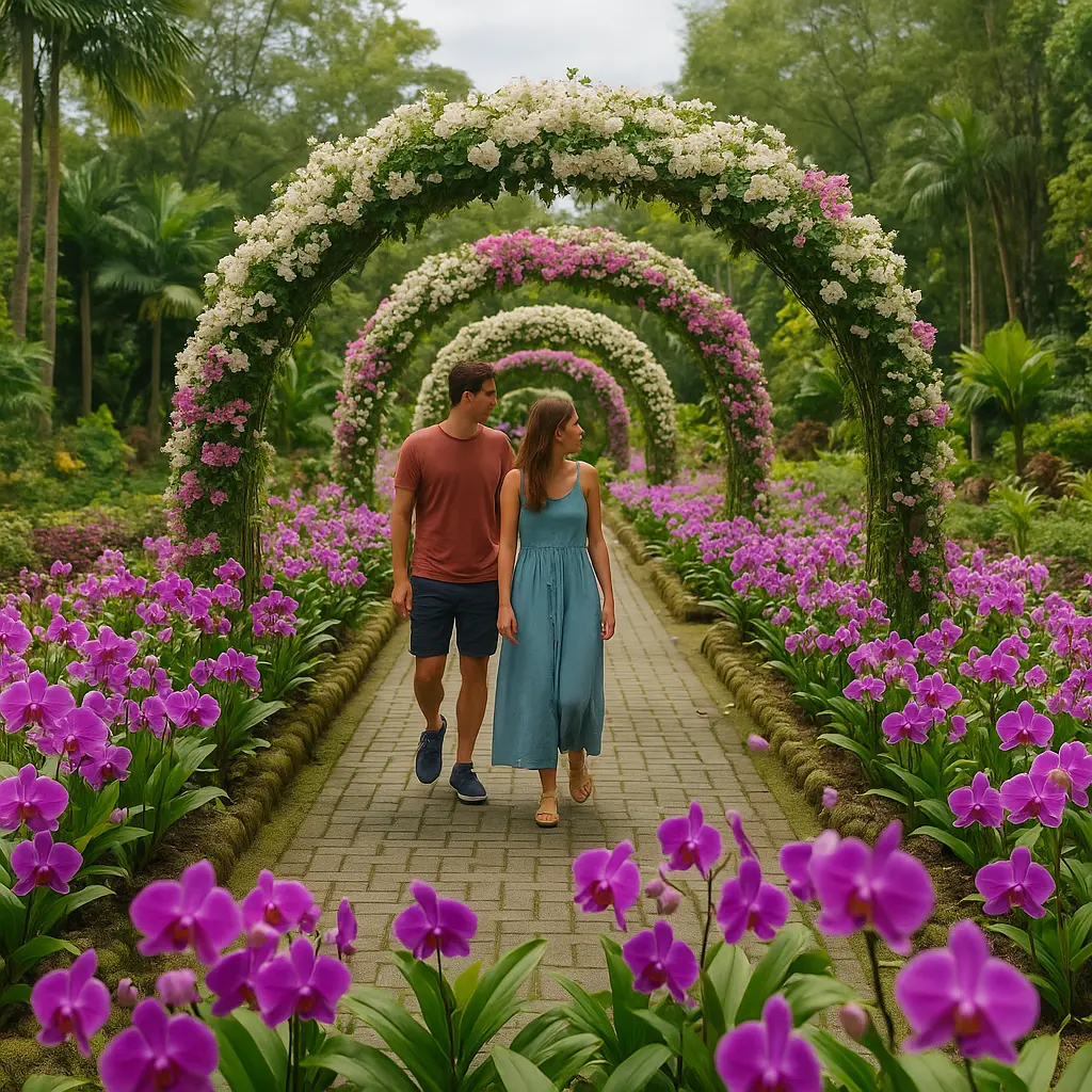 A tourist coup[le in the Orchid lined walkways and arches at Davao Botanical gardens.