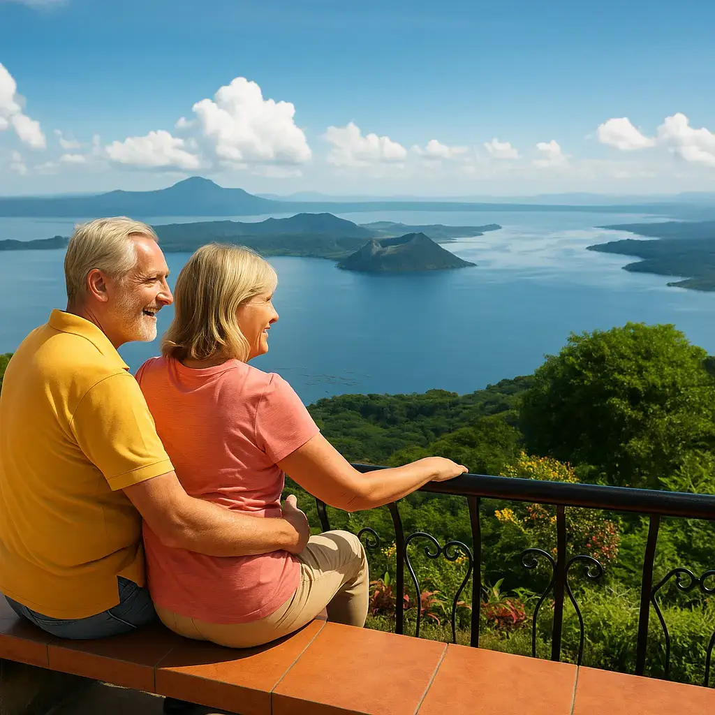 Taal Volcano view from Tagaytay café terrace—ideal retirement scenery.