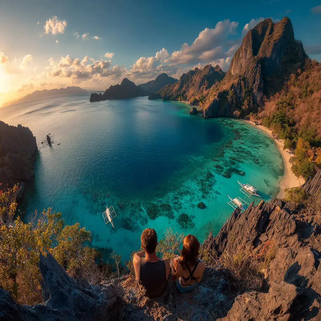 Breathtaking view of El Nido, Palawan with turquoise lagoons and limestone cliffs at sunset.