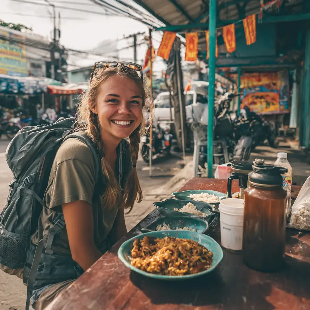 Budget traveler eating at a local carinderia in the Philippines.