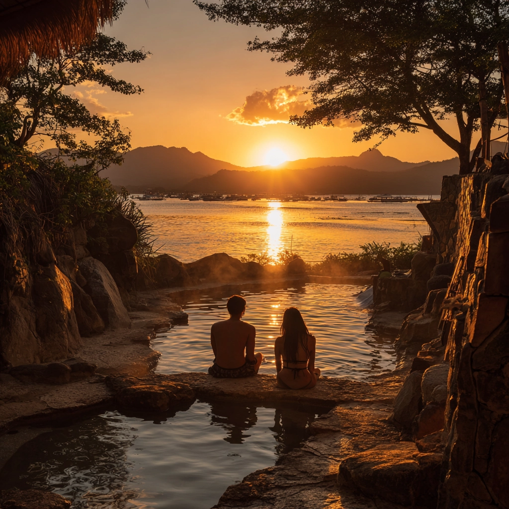 Couple enjoying Maquinit Hot Springs at sunset in Coron, Philippines.