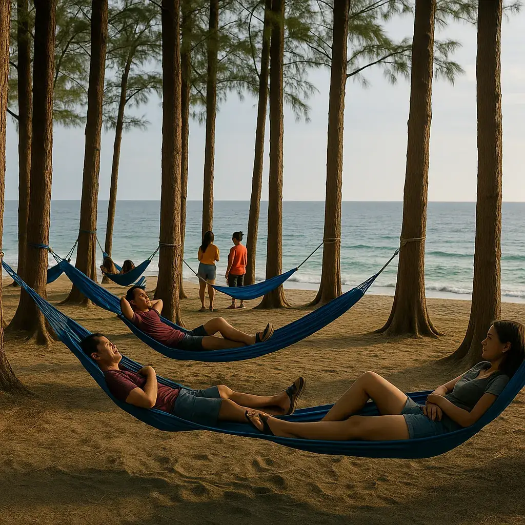 Hammocks on the beach at Crystal Beach Resort, Zambales, Luzon.