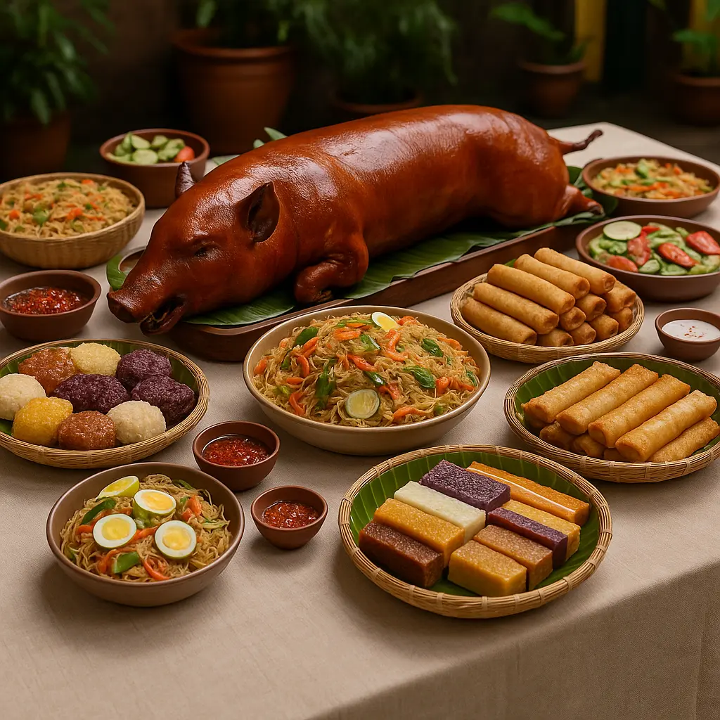 Traditional Filipino fiesta buffet with lechon and native dishes.