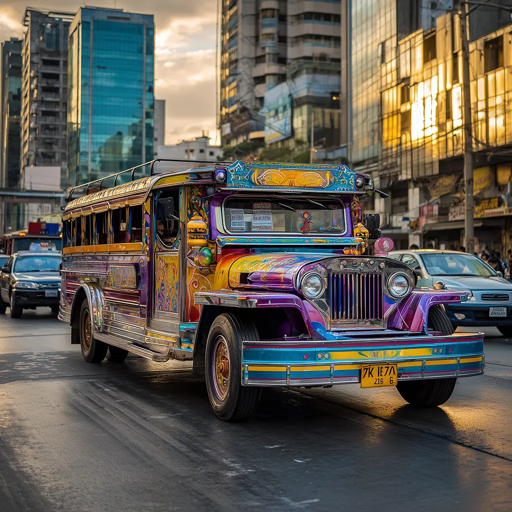 Colorful jeepney driving through Manila traffic.