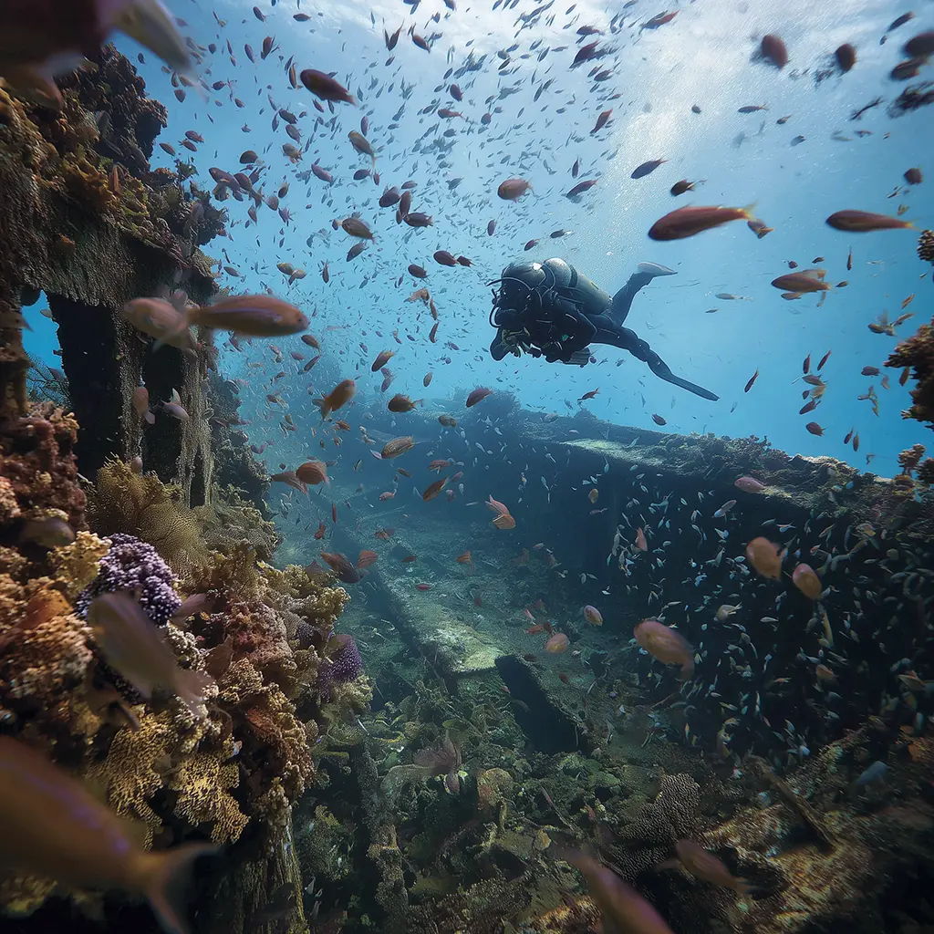 Scuba diver exploring a shipwreck in Coron, Philippines.