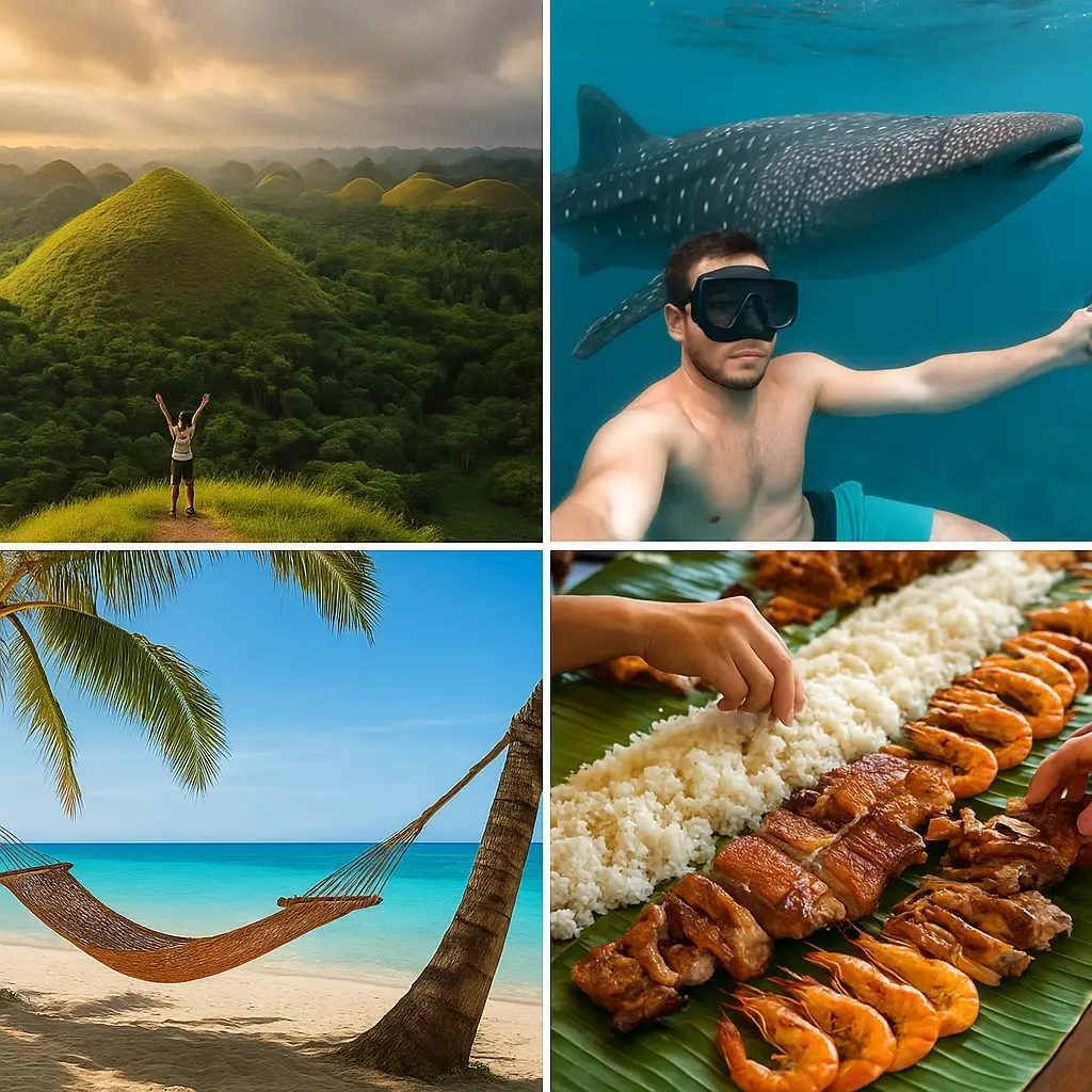 Collage of Visayan Island attractions including beaches, food, and wildlife.