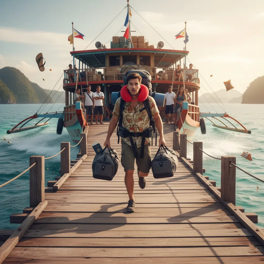 Tourist running from a ferry while locals relax on a dock in the Philippines.