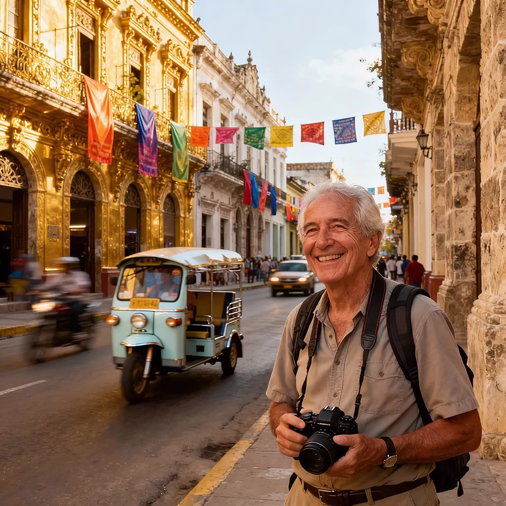 Senior traveler with camera walking along Calle Real heritage street in Iloilo City.